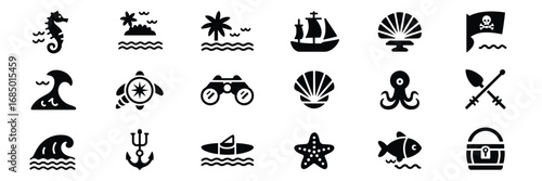 Ocean Adventure Icon Set – Black Silhouette Symbols for Marine Life, Sailing, and Nautical Themes