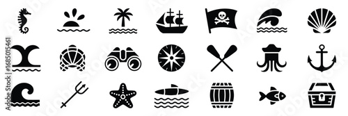 Ocean Adventure Icon Set – Black Silhouette Symbols for Marine Life, Sailing, and Nautical Themes