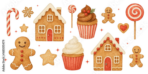 Christmas watercolor illustration set with gingerbread houses, cookies, cupcakes, candy canes, lollipops, caramel sweets, festive holiday elements, isolated on white background, perfect for packaging,