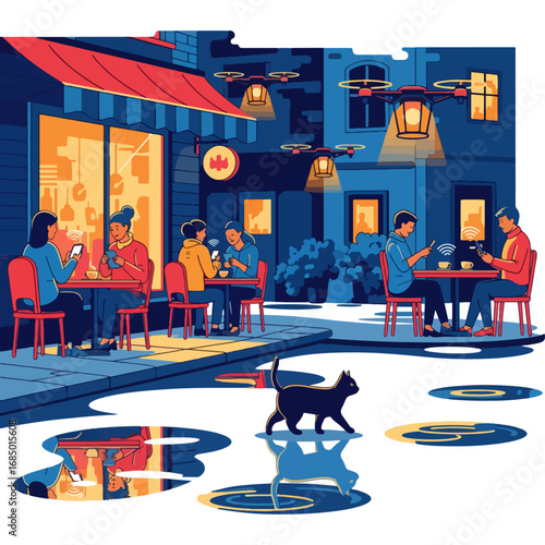Modern lifestyle in a drone-lit cafe in the city, a group of people spending time among themselves in the quiet atmosphere of the night. Perfect for design, blogging, and fashion-lifestyle posts.
