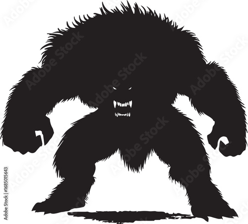 Silhouette of a Fierce Bigfoot Creature Ready to Pounce Illustration Perfect for Halloween and Cryptid Enthusiasts