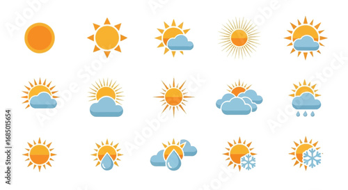 Weather icon set flat vector illustration of sun and clouds design elements for weather forecast and mobile application