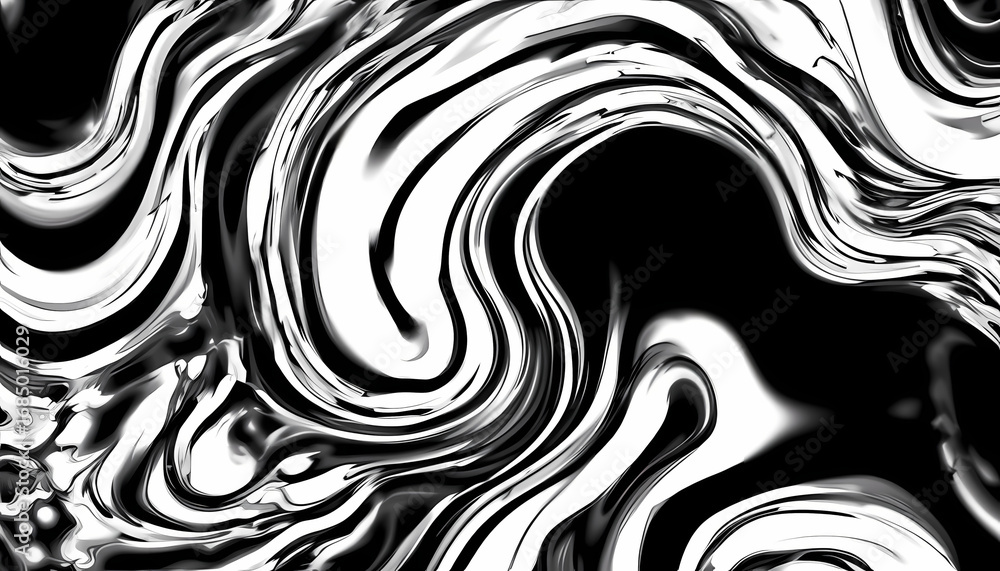 Fototapeta premium Abstract swirling black and white pattern with fluid, dynamic, and textured lines creating a visual flow.