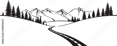 Serene Mountain Landscape with Road Leading to Peaks Illustration with Evergreen Trees in Black and White