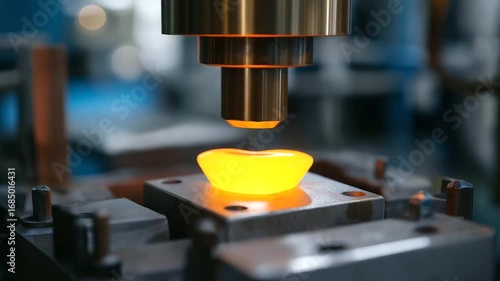An advanced glass forming system creates a complex, curved shape through precision molding. A glowing piece of hot glass is pressed into a mold, showcasing the technology used to c
