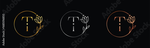 Botanical Gold, Silver & Rose Gold Letter T Monogram. Minimalist Vector Illustration for Luxury Business and Wedding Use.