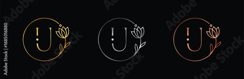 Elegant Gold, Silver & Rose Gold Letter U Logo Design. Hand-Drawn Floral Monogram for Feminine Branding and Wedding Invites.
