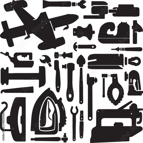 Silhouette of Hand Tools and Machinery A Vintage Collection for Crafting and Repair Projects Promoting Skilled Trades and DIY Initiatives