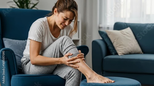 Woman experiencing leg pain and discomfort, touching her knee and calf, with an highlighted ankle showing inflammation.