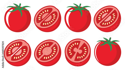 Whole and sliced red tomatoes with green stems sliced tomato