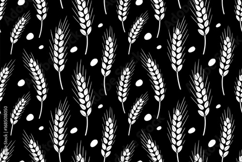 Seamless Pattern: White Wheat Stalks and Grains on Black Background