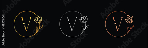 Luxury Gold, Silver & Rose Gold Floral Letter V Monogram. Elegant Vector for Wedding and Luxury Branding.