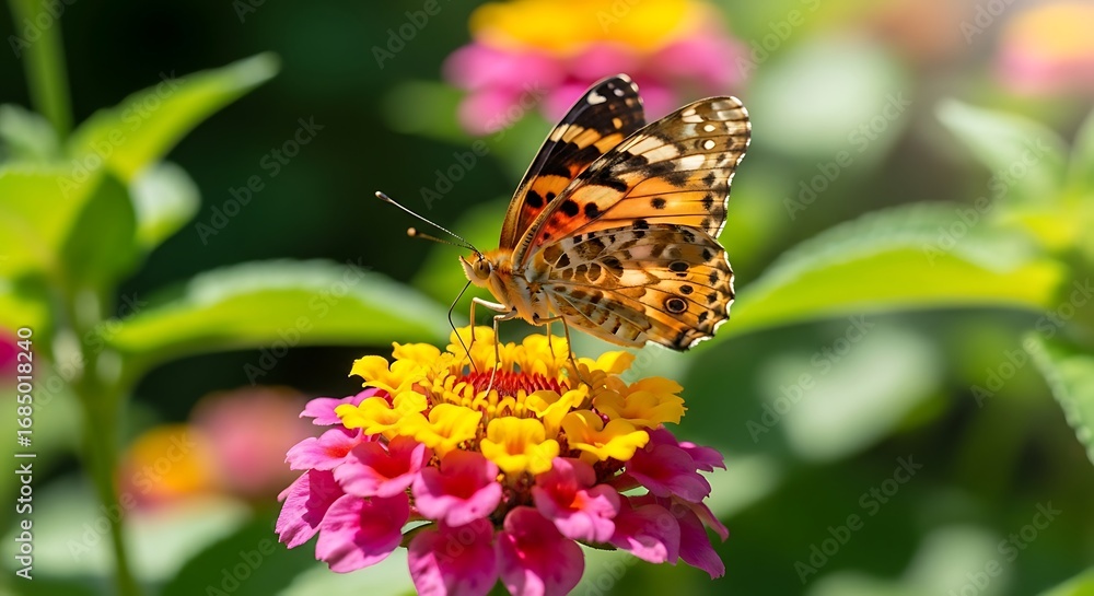 Obraz premium Painted lady butterfly feeding on a vibrant lantana flower in sunlight