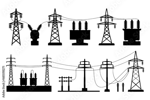 Set of 14 Black Silhouettes: Electricity Transmission Towers, Transformers, and Power Lines