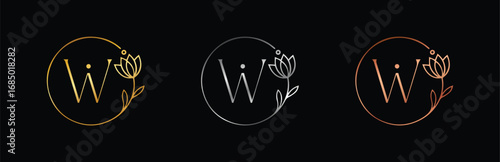 Feminine Gold, Silver & Rose Gold Letter W Logo Vector. Minimalist Floral Monogram for Beauty and Luxury Businesses.