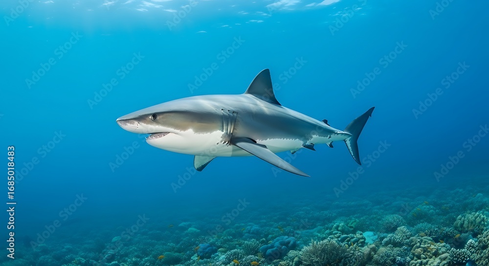 Naklejka premium Great white shark swimming in clear blue ocean water