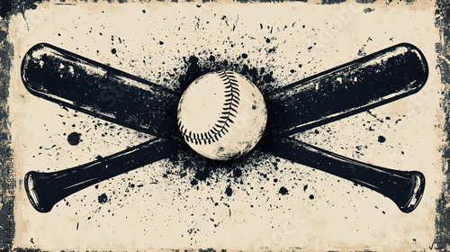 Vintage - style Crossed Baseball Bats and Ball with Splatter Effect
