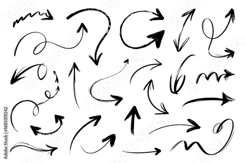 24 Hand-Drawn Black Ink Arrows: Diverse Styles, White Background