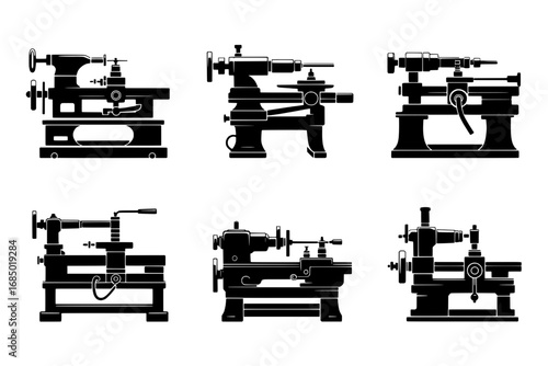 Six Vintage Machine Shop Lathe Icons: Detailed Black Silhouettes on White
