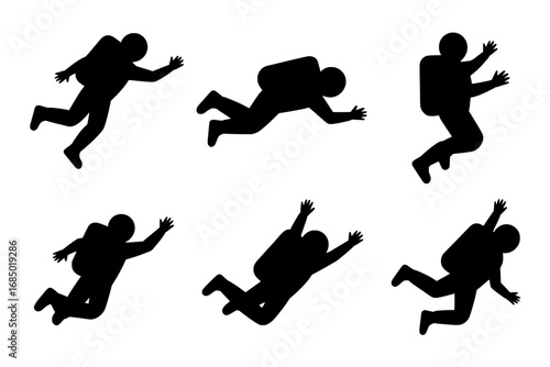 Six Silhouettes of Astronauts or Skydivers in Various Falling Poses:  Black Icons on White Background