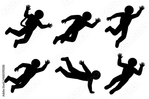 Six Astronaut Silhouettes in Various Floating Poses: A Black and White Icon Set
