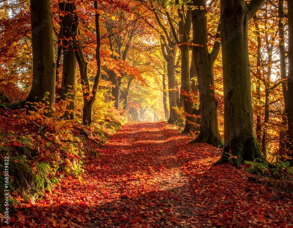 Fototapeta premium Colorful Autumn Forest Trail with Golden and Red Leaves