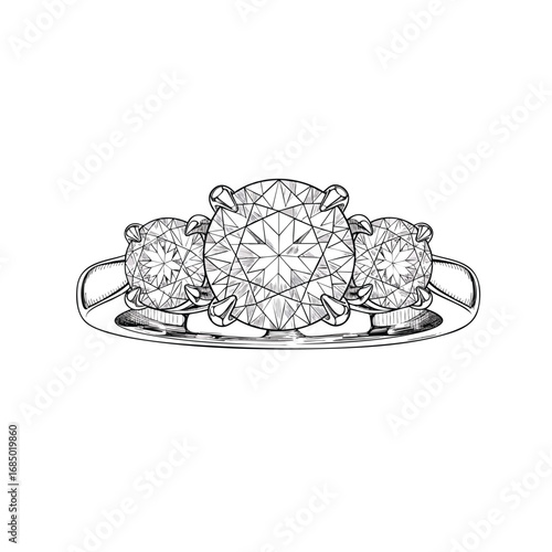 Black and white line drawing of a classic threestone diamond engagement ring with a large center stone.