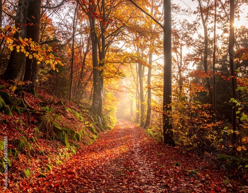 Colorful Autumn Forest Trail with Golden and Red Leaves