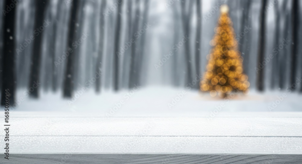 Fototapeta premium Empty wooden table in a blurred winter forest with a glowing christmas tree and falling snow