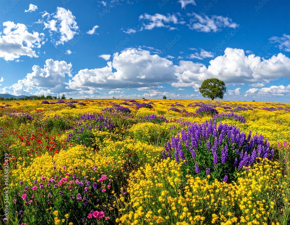 Fototapeta premium Vibrant Spring Meadow with Blooming Wildflowers and Blue Sky