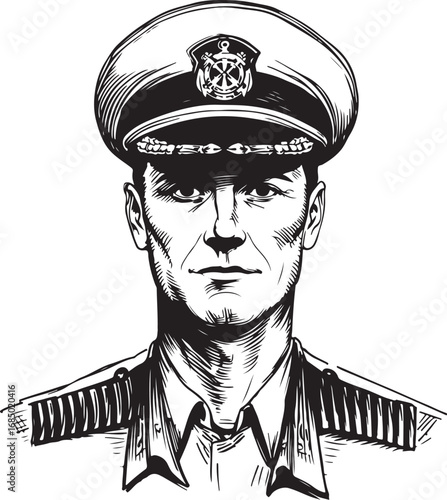 Stern Faced Naval Officer in Uniform Portrait with Confidence and Authority Illustration Style Drawing