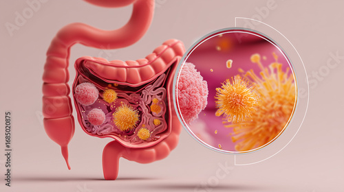 Human intestine with magnified microbes, 3D medical render
