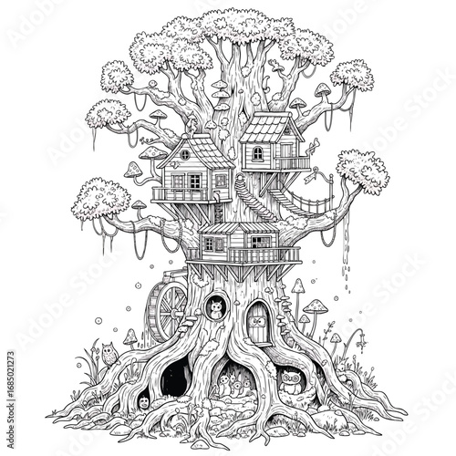 Detailed black and white line art illustration of a whimsical multilevel fantasy treehouse.
