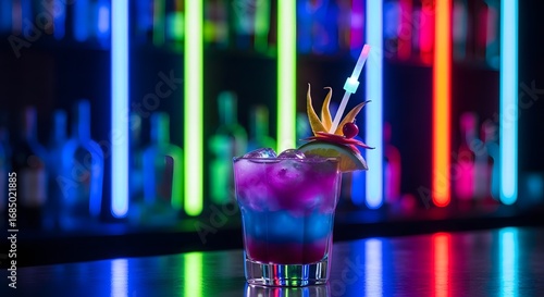 Vibrant layered cocktail glows with neon bar lights