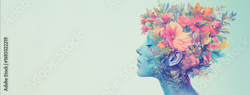 Mental health strength, personal growth and development, creative positive thinking, human brain growing flowers, planting an idea to mind