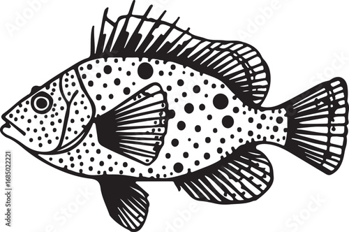 Stylized Black and White Illustration of a Grouper Fish with Distinct Spots Underwater Life Art