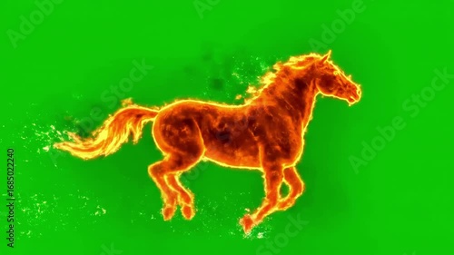 Galloping fiery horse animation on green screen: dynamic motion and intense flame effect, new year 2026 