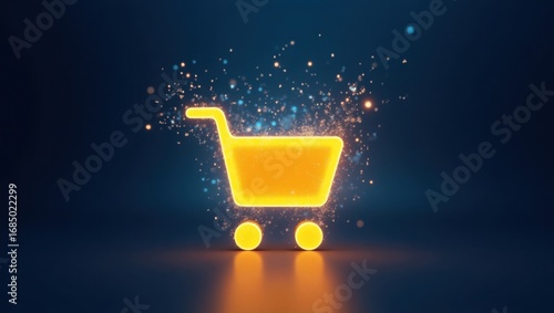 Ícono de carrito de compras brillante rodeado de partículas brillantes, que representa conveniencia, entusiasmo y urgencia para las promociones minoristas en línea