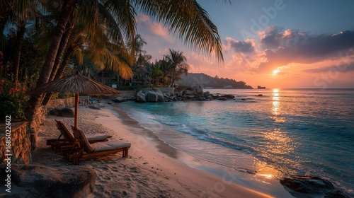 Serene beach sunset with wooden sun loungers under umbrella, palm trees, tropical vacation scene, vacant seats for tourism promotion or background.