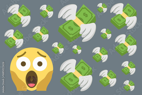 Screaming emoji face with hands on cheeks surrounded by flying dollar bills, symbolizing financial shock, unexpected expenses, or money loss panic.Vector illustration.