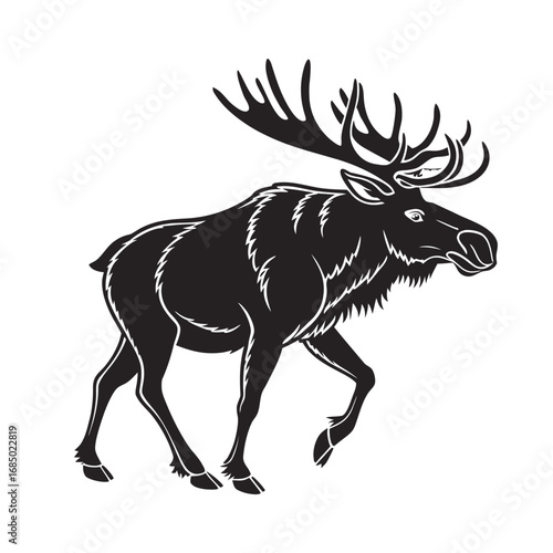 Bold black silhouette of a majestic moose, featuring prominent antlers and a powerful walking stance, embodying the untamed spirit of northern forests