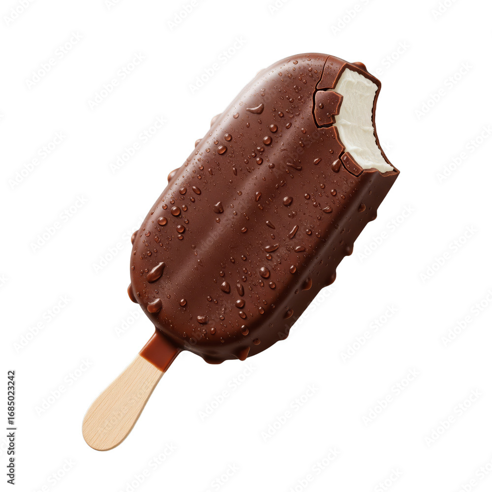 Obraz premium Bitten chocolate covered vanilla ice cream bar with water drops isolated on a transparent background