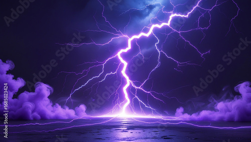 Powerful purple lightning strike illuminating dark stormy sky and ground thunder