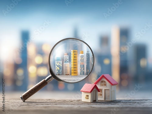 Property investment and searching for property. Magnifier and many building icons on cityscape background