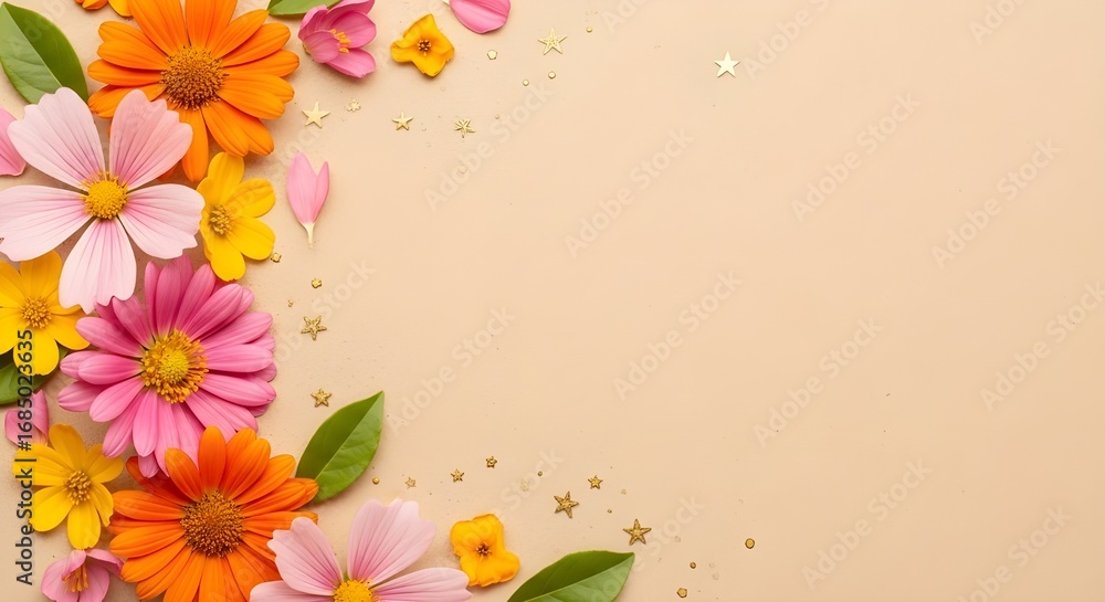 Naklejka premium Colorful Spring Flowers and Golden Stars Border on Beige Background floral nature
