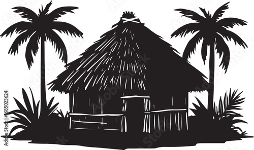 Tropical Hut Silhouette with Palm Trees Vector Illustration Vacation Getaway Design Element