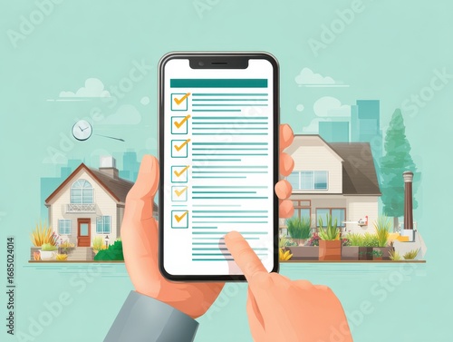 Real estate checklist management, Hands interacting with a smartphone to manage real estate tasks, accessing digital tools for housing evaluations, property management, and checklist planning.