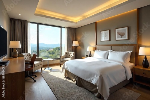 Luxurious motel suite with plush bedding, modern decor, and large windows offering scenic views Enjoy upscale amenities and comfortable accommodations for a relaxing getaway , interior, high-end