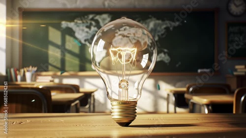Light bulb classroom wooden desk sunlight world map chalkboard creative education innovation learning inspiration idea knowledge empty room, back to school concept with bright glass focus, hope