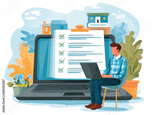 Real estate management, tA user managing real estate tasks with a laptop, accessing digital checklists and tools for streamline housing evaluations, investment planning, and transaction processes.